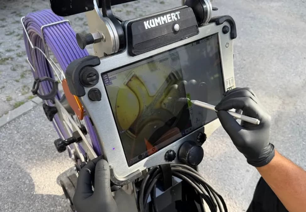 Techniker steuert die Kanalkamera und beurteilt das Live-Bild am Monitor